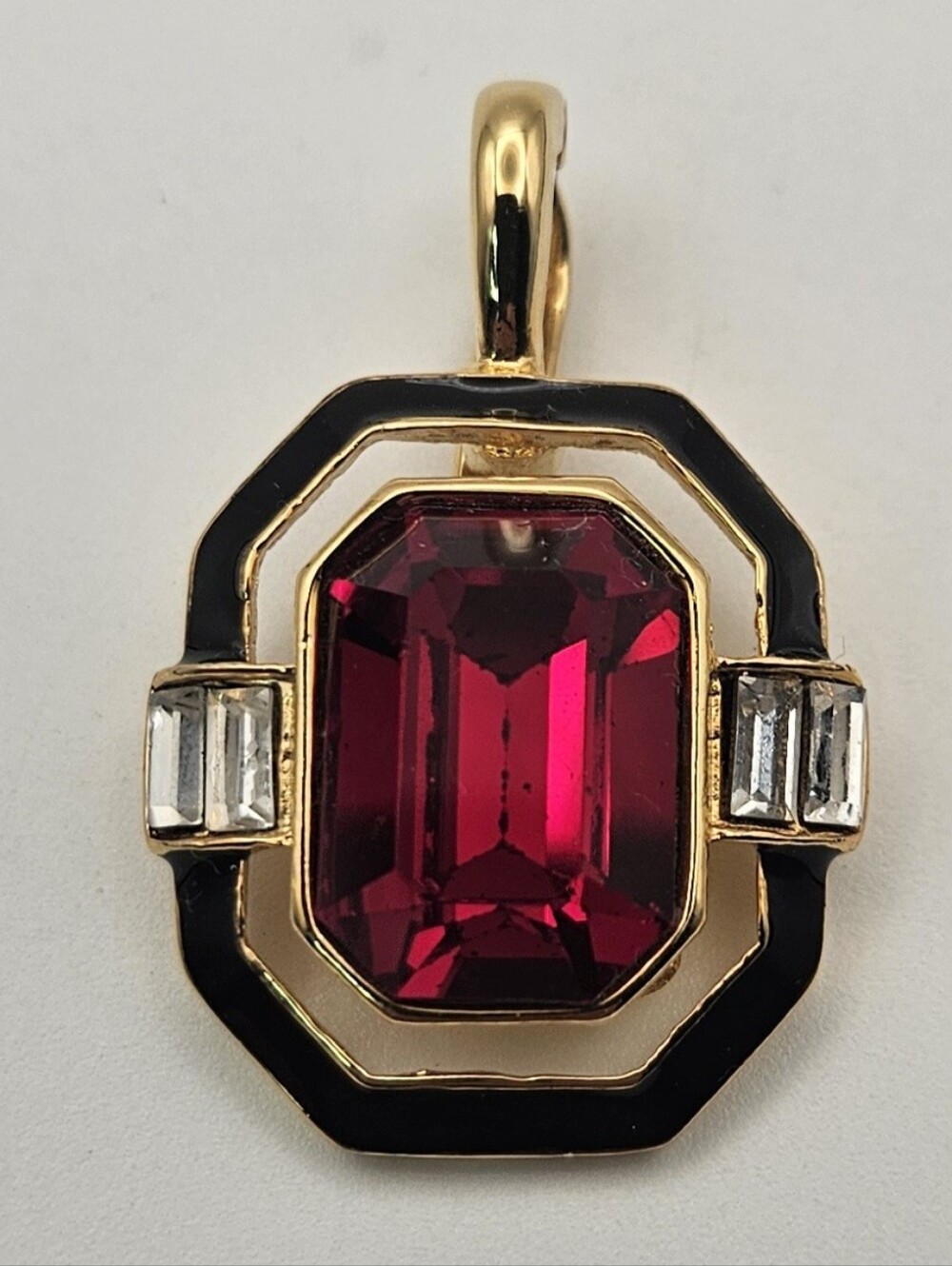 Vintage Marvella Red Rhinestone Pendant Black Enamel Deco Style Enhancer